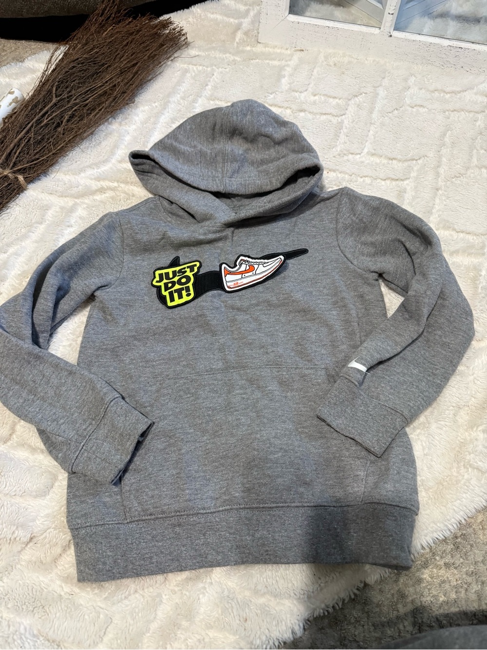 Nike Gray Hoodie with Neon 'Just Do It' Patch and Sneaker Graphic